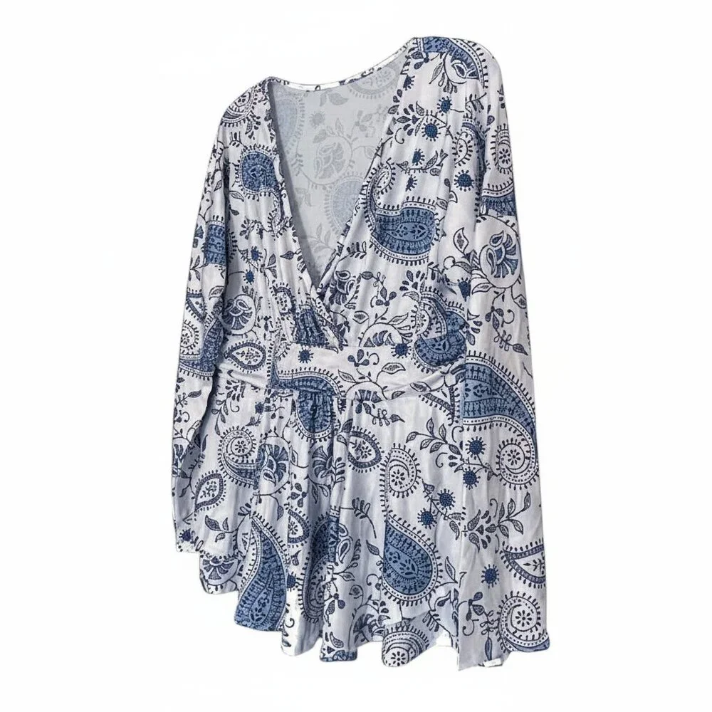 Plus Size V-Neck Banded Waist Promenade Boho Paisley Wrap Peplum Floral Top - Picture 5 of 7